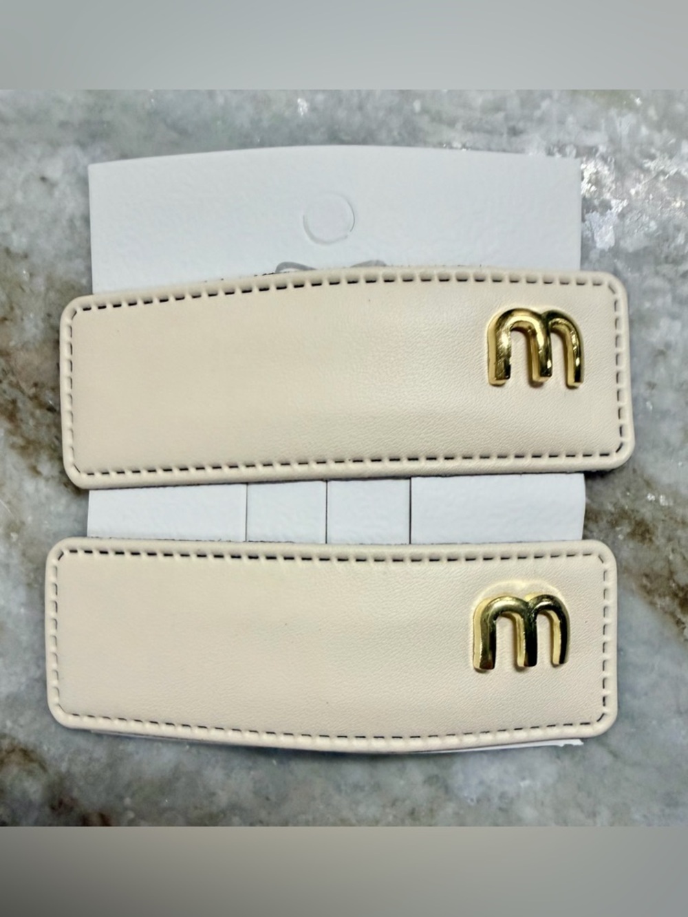 Pair of Mui Mui Cream w Gold ‘M’ Hair Barrettes NEW SEALED/LABEL attached GWP